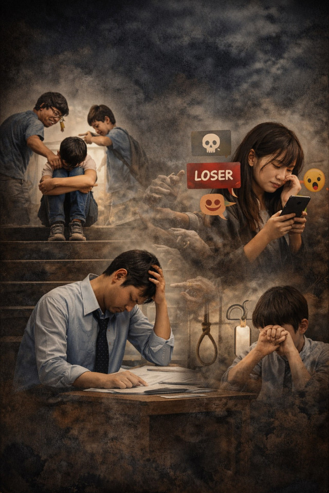 Ilustrasi suasana gelap yang menggambarkan penderitaan korban bullying di sekolah, dunia maya, dan tempat kerja. gambar ini dibuat oleh Gemini AI