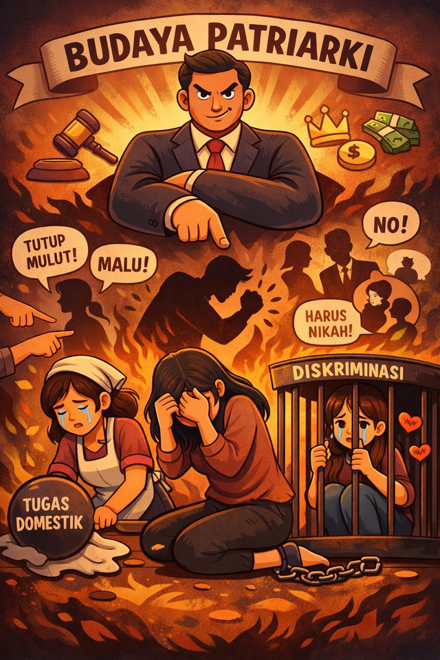 Ilustrasi ini menggambarkan bagaimana budaya patriarki membungkam, membebani, dan memenjarakan perempuan dalam ketidakadilan. Gambar ini dihasilkan dari Gemini AI.