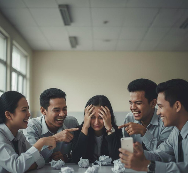 Ilustrasi situasi candaan berlebihan yang berpotensi menjadi bullying dalam lingkungan pergaulan (Foto: AI Gemini)