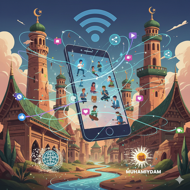 Gambar tersebut di ambil dari gemini ai sebagai representasi visual dari "benturan" dan "pertemuan" antara tradisi besar ormas keagamaan dengan arus digital masa kini