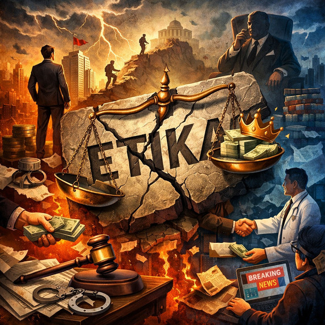 Etika retak diterpa ambisi dan kuasa, keadilan pun timpang, nurani terpinggirkan oleh kepentingan. Gambar ini dihasilkan dari Gemini AI.