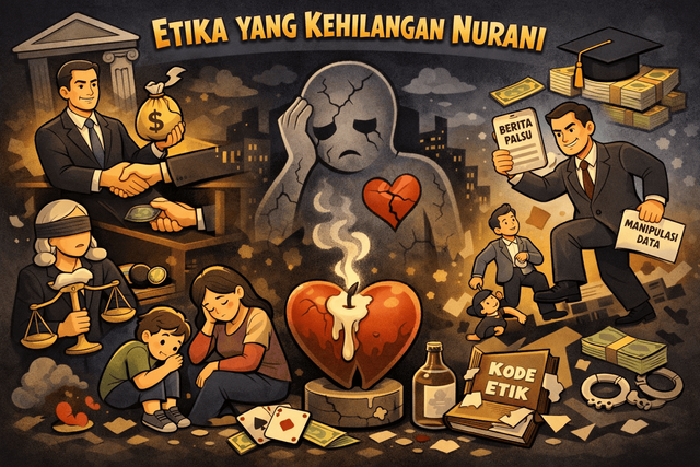 Artikel ini membahas krisis etika yang kehilangan nurani, menyoroti pelanggaran moral di berbagai sektor, serta mengajak memulihkan etika sebagai landasan keadilan dan kemanusiaan. Gambar ini dihasilkan dari Gemini AI.