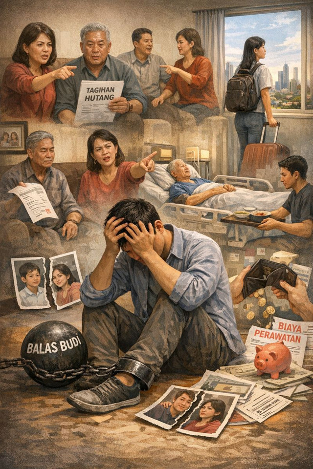 Ilustrasi seorang anak muda yang terbelenggu “balas budi”, dikelilingi tuntutan keluarga dan beban emosional, dengan masa depan yang tertahan di kejauhan.Sumber FotoIlustrasi AI