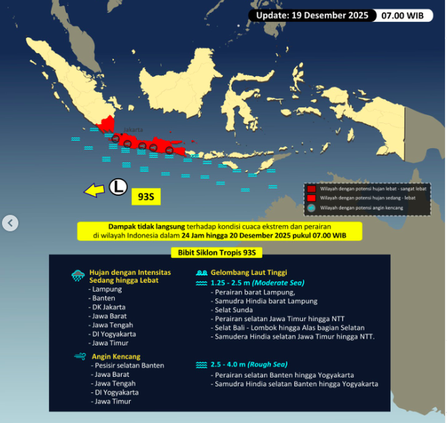 Bibit siklon 93S pada Jumat, 19 Desember 2025 Foto: Dok. BMKG