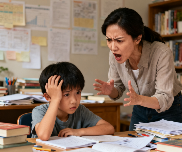Seorang Ibu yang mengajar dengan amarah dan urat leher menegang, justru membuat anak makin stress dan kehilangan gairah belajar. Gambar ini dihasilkan dari Dola AI.