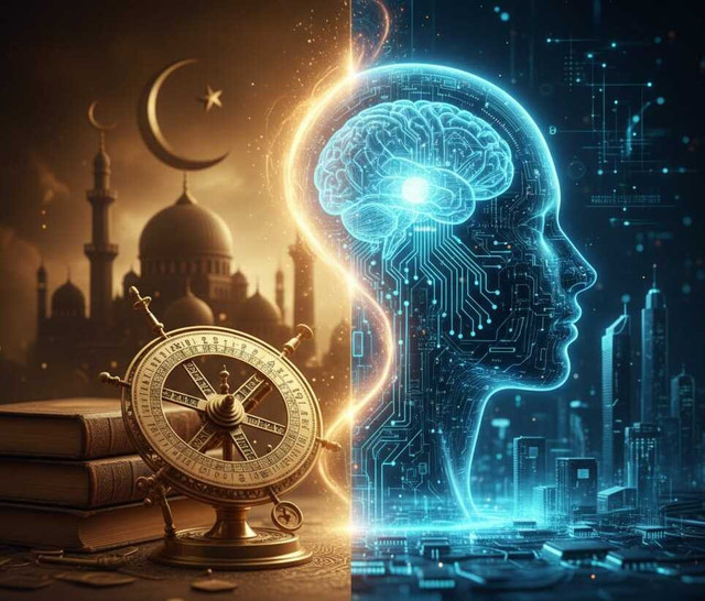 Ilustrasi di ambil dari gemini ai sebagai sebuah sisi kiri dengan Era klasik dan keemasan sedangkan sisi kanan dengan Era modern dan Masa depan dengan pembagian tengah membelah namun menyatukan kedua sisi.