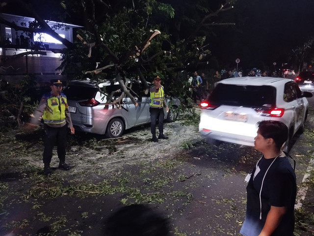 Pohon tumbang timpa mobil di jalur keluar Bandara I Gusti Ngurah Rai, Bali, Sabtu (20/12). Dok. Istimewa