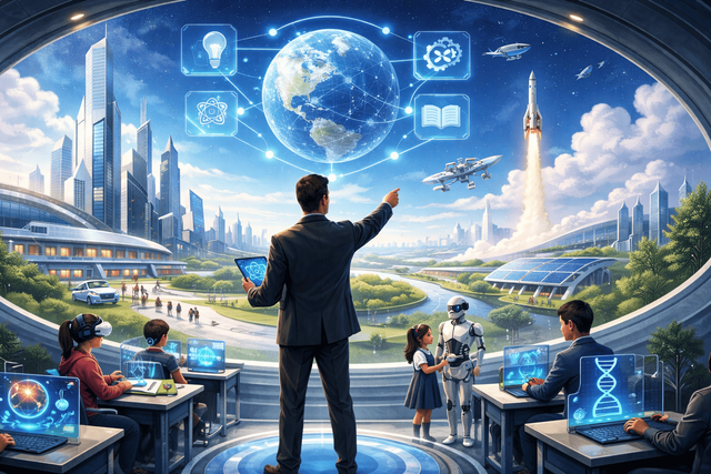 Ilustrasi pendidikan masa depan berbasis AI dan kolaborasi global. Sumber: AI