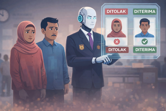 Ilustrasi potret pelayanan publik berbasis kecerdasan buatan, di mana keputusan administratif dilakukan oleh sistem digital yang berinteraksi langsung dengan warga. (Sumber foto: Idisign)