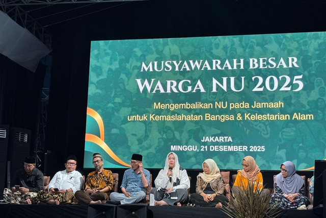 Konferensi pers musyawarah besar Warga Nahdlatul Ulama (NU) di Pesantren Ciganjur, Jakarta Selatan, Minggu (21/12/2025). Foto: Amira Nada/kumparan
