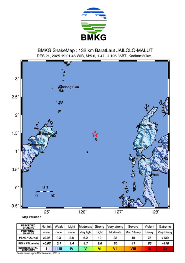 Gempa berkekuatan 5,6 magnitudo yang mengguncang Jailolo, Maluku Utara, Minggu (21/12/2025) dok BMKG