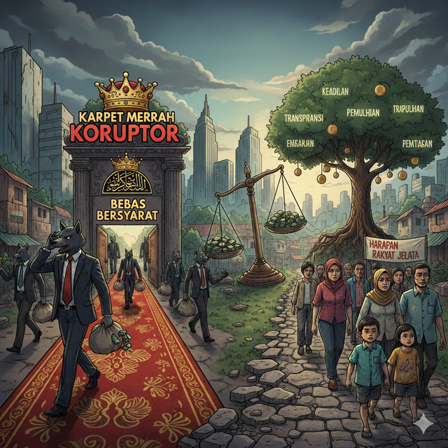 Sumber Ilustrasi : Gambar ini diambil dari gemini ai untuk menggambarkan penegakan hukum di indonesia melalui lensa Restorative Justice (RJ). Secara visual, gambar terbagi menjadi dua dunia yang kontras namun dipisahkan oleh timbangan yang tidak adil.