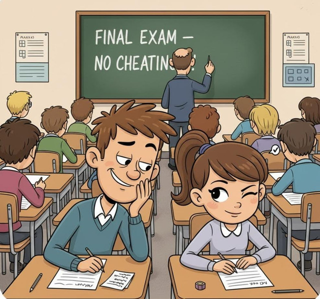 Gambar ini menunjukkan anak murid yang sedang ulangan menyontek kepada teman nya. Gambar ini dibuat oleh penulis dan dibantu oleh AI.