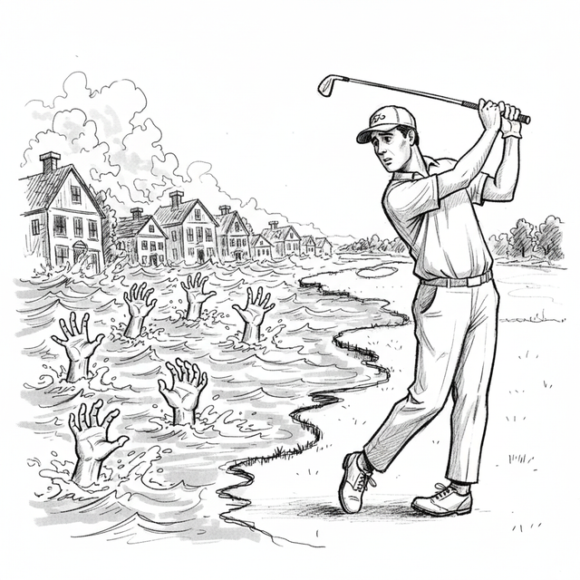 Ilustrasi orang yang bermain golf dan banjir: dua dunia yang kontras (ilustrasi dibuat oleh Gemini AI).