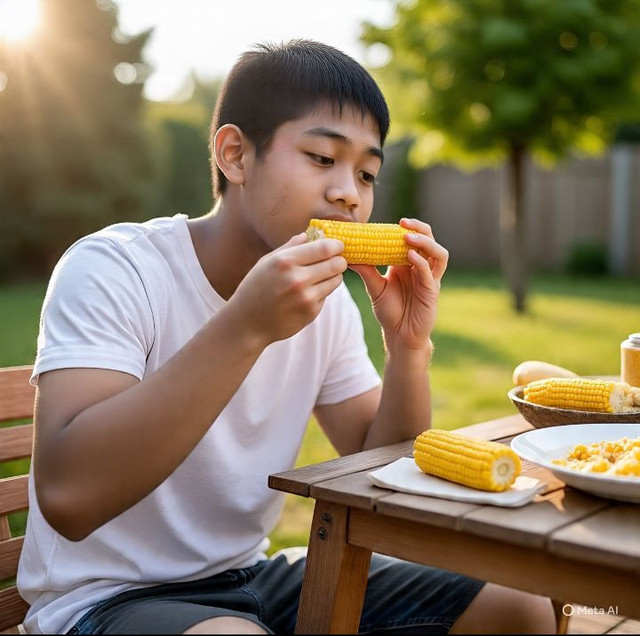 Remaja putra ini sangat menikmati saat “menggunggis” biji-biji jagung rebus sajian eyang putrinya di desa pada waktu liburan sekolah. (Sumber: Meta AI)