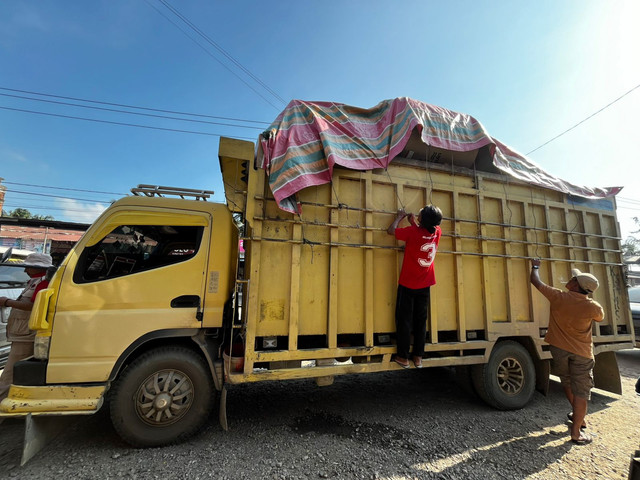 Kader PDI-P sedang menyusun bantuan bencana di salah satu pasar di Aceh Timur, Selasa (23/12/2025). Foto: Hedi/kumparan