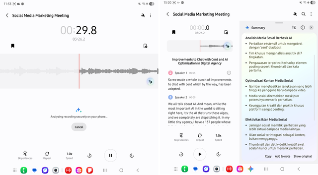 Transcript Assist membantu kamu otomatis mentranskrip dan merangkum hasil meeting. Foto: Dok. Samsung