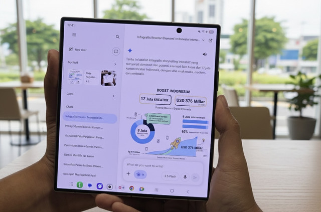 Deep Research dan Gemini Canvas di Galaxy Z Fold7 memudahkan pengguna mengubah ide menjadi visual siap pakai. Foto: Dok. Samsung