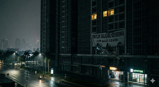 "Ghost Towers: Ketika apartemen mewah hanya menjadi monumen spekulasi yang terjual habis namun gelap tanpa penghuni.". DOK: AI