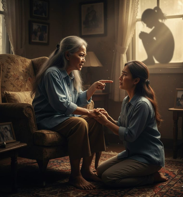 Ilustrasi seorang ibu di usia Lansia sedang memarahi anaknya yang sudah dewasa. Dimana dalam kerasnya omelan, tersimpan rapuhnya rasa takut akan kehilangan jati diri di usia senja. Gambarkan ini dihasilkan dari Gemini AI.