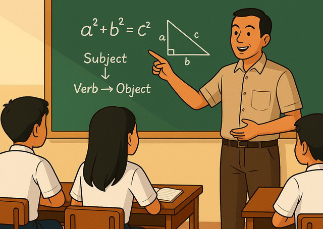 Ilustrasi guru sedang mengajar. Sumber: Karya Penulis menggunakan aplikasi akal imitasi.