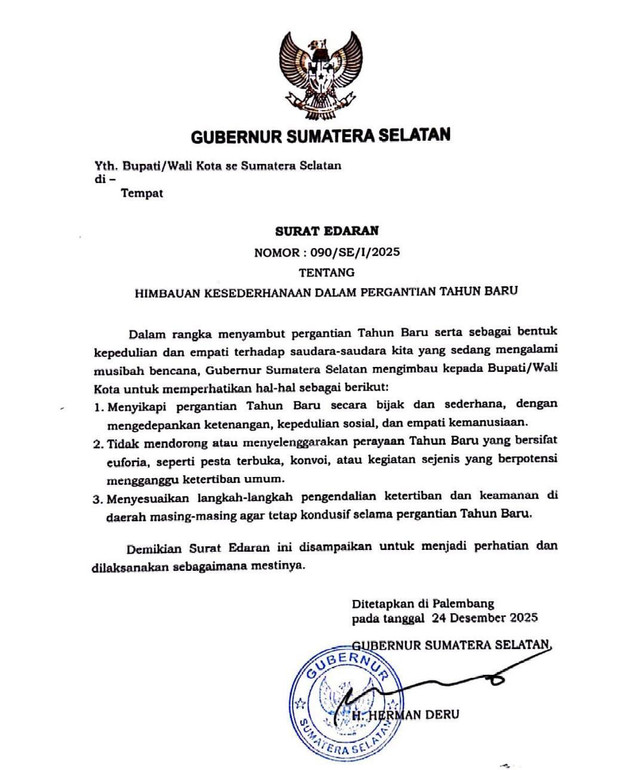 Surat Edaran yang dikeluarkan Gubernur Sumsel Herman Deru untuk kepala daerah di Sumsel terkait malam tahun baru. Foto : Dok Humas Pemprov Sumsel