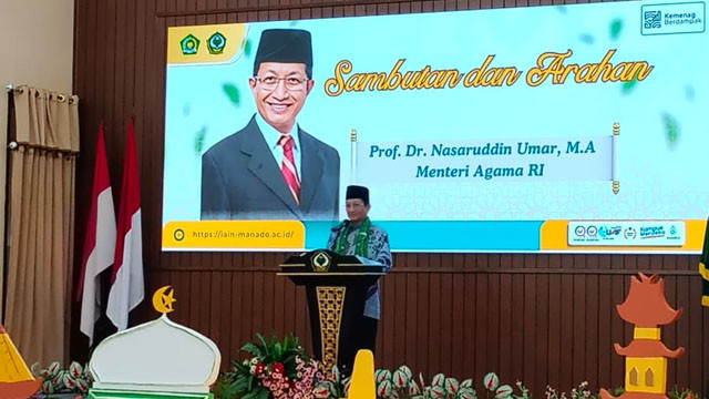 Menteri Agama (Menag) Prof. Dr. KH. Nasaruddin Umar, saat memberikan sambutan di salah satu kegiatan di Kota Manado, Sulawesi Utara.