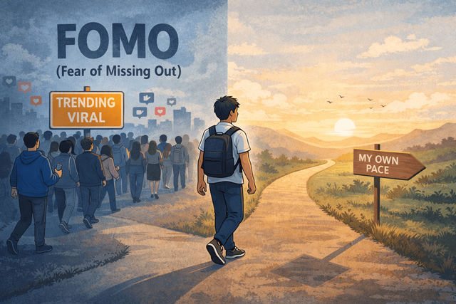 Ilustrasi FOMO, pilihan antara mengikuti tren atau berjalan dengan ritme sendiri. Sumber: Ai