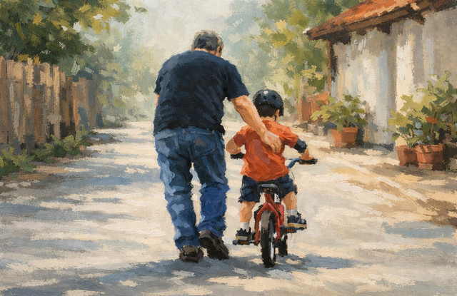 Ilustrasi seorang Ayah sedang mengajari anaknya bersepeda. Foto: AI generate