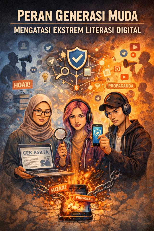 sumber: https://chatgpt.com/c/694de802-e98c-8323-b313-2e645fdd0150 (26/12/2025), ilustrasi Genereasi muda mengatasi literasi digital ekstrem
