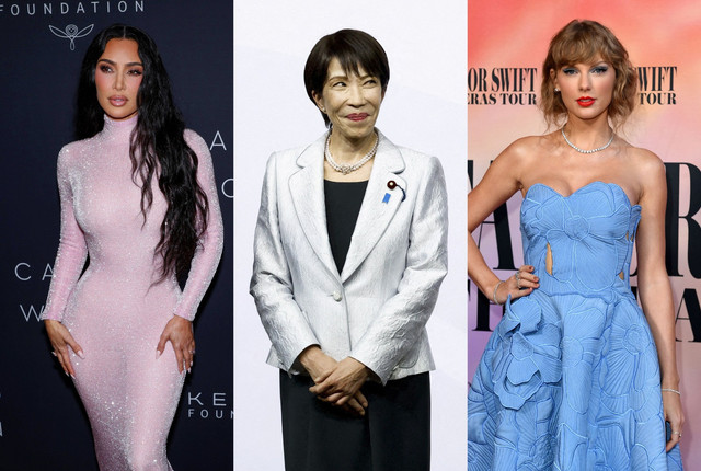 Kim Kardashian, Sanae Takaichi, dan Taylor Swift masuk dalam jajaran The World’s Most Powerful Women . Foto: AFP/KENA BETANCUR , Valerie Macon, Reuters/Thomas Mukoya
