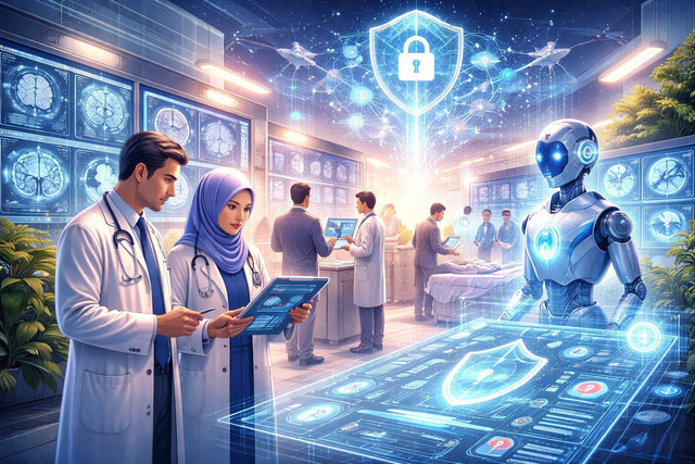 Ilustrasi digital menampilkan pemanfaatan kecerdasan buatan dalam layanan kesehatan modern, di mana dokter, sistem AI, dan teknologi medis terintegrasi untuk meningkatkan efisiensi klinis sekaligus menyoroti tantangan perlindungan data dan privasi pasien di era transformasi digital kesehatan. Sumber foto: Idisign
