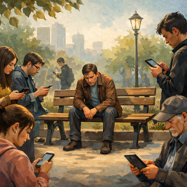 Seorang pria duduk termenung di taman, dikelilingi orang-orang yang sibuk dengan ponsel. Ilustrasi ini merupakan gambar buatan AI.