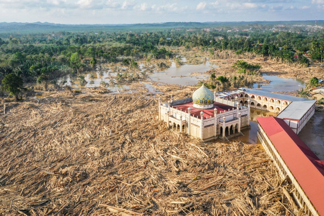 Foto udara menampilkan tumpukan kayu-kayu memenuhi area Pondok Pesantren Darul Mukhlishin pascabanjir bandang di Desa Tanjung Karang, Karang Baru, Kabupaten Aceh Tamiang, Aceh, Jumat (5/12/2025). Foto: Erlangga Bregas Prakoso/ANTARA FOTO