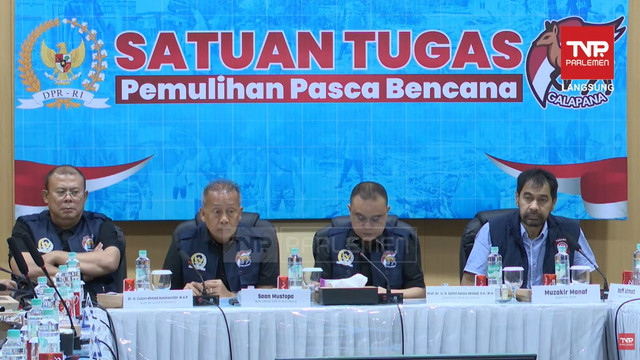 Pimpinan DPR menggelar rapat koordinasi satuan tugas (Satgas) pemulihan pascabencana Sumatera dengan kementerian dan kepala daerah pada Selasa (30/12/2025). Foto: Youtube/ TVR Parlemen
