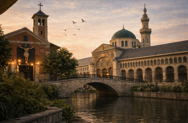Ilustrasi masjid berseberangan dengan gereja (foto: AI-generated)