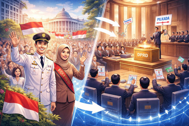Ilustrasi menggambarkan dinamika demokrasi di Indonesia, memperlihatkan pertemuan antara aspirasi rakyat, peran kepala daerah, dan keputusan politik di ruang DPRD. (Sumber foto: Dok. Idisign)