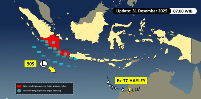 Bibit Siklon 90S berdampak pada hujan lebat di sebagian Sumatera dan Jawa, 31/12/2025. Foto: Dok. BMKG