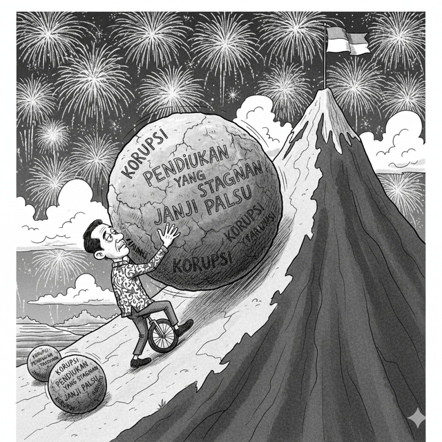 Sebuah ilustrasi dari tahun ke tahun kita mendorong batu masalah yang sama (ilustrasi dibuat oleh AI Gemini)