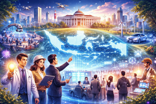 Ilustrasi transformasi tata kelola data Indonesia yang digerakkan oleh kolaborasi pemerintah, inovator, dan teknologi digital, menggambarkan upaya membangun keadilan digital melalui integrasi kebijakan, kecerdasan buatan, dan konektivitas nasional. (Sumber foto: Idisign)