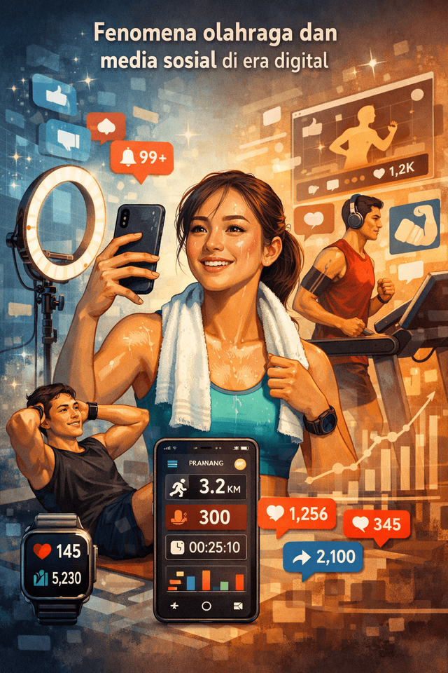 Ilustrasi AI tentang fenomena olahraga dan media sosial di era digital