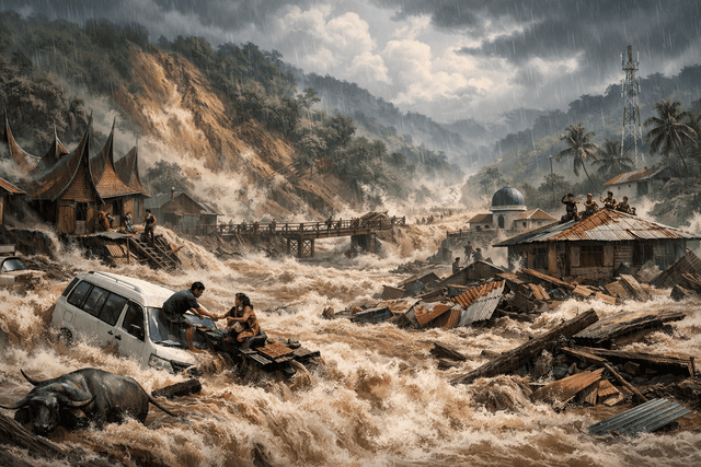 Gambar: Ilustrasi banjir Sumatera Barat dibuat menggunakan AI