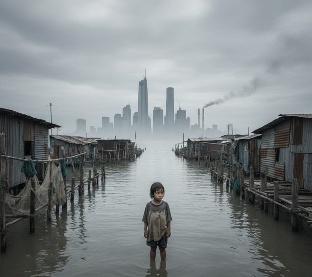 A poignant cinematic illustration depicting climate injustice, Generated by Gemini, an AI by Google (2026).