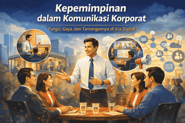 Ilustrasi kepemimpinan dalam komunikasi korporat yang menampilkan pemimpin berdiskusi dengan tim karyawan dalam lingkungan kerja modern di era digital.