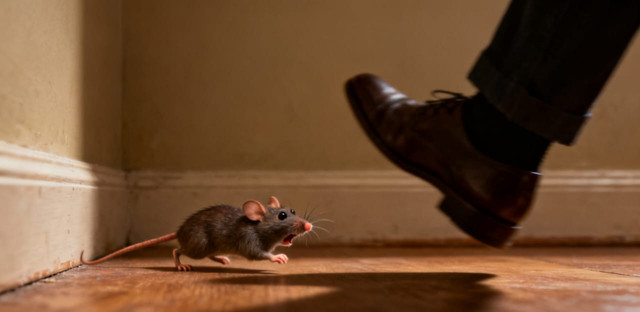 Ilustrasi seekor tikus di sudut ruangan terlihat panik sementara bayangan kaki manusia mendekat. Tikus justru berlari ke arah manusia, menggambarkan paradoks ketakutan. Gambar ini dihasilkan dari Dola AI.