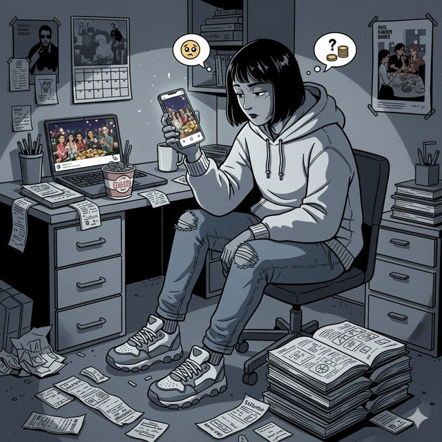 Contoh gambar ilustrasi terlihat glamor di luar, tertekan di dalam. Sumber gambar: AI Gemini