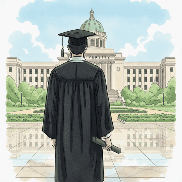 Ilustrasi seorang wisudawan dengan ijazah di tangan menatap kampus tempatnya belajar dulu (Foto: GenAI)