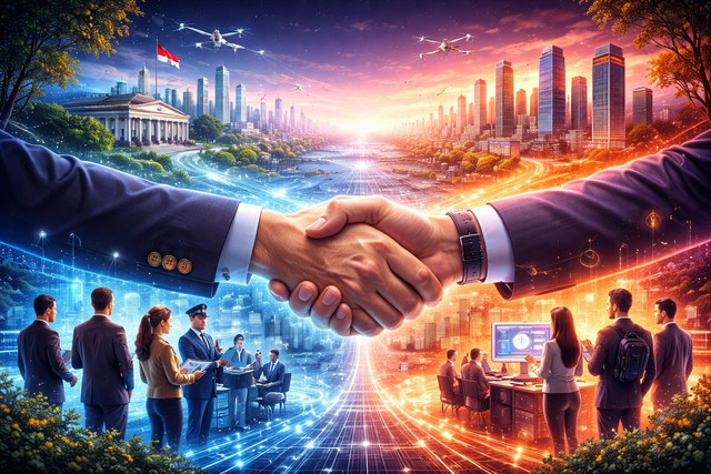 Ilustrasi kolaborasi pemerintah dan sektor swasta di ruang digital, menggambarkan pertemuan kepentingan publik dan logika pasar dalam ekosistem teknologi yang saling terhubung. Sumber foto: Idisign