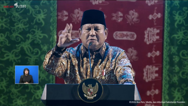 Presiden Prabowo Subianto memberikan sambutan saat menghadiri Perayaan Natal Nasional 2025 di Jakarta, Senin (5/1/2026). Foto: YouTube/ Sekretariat Presiden
