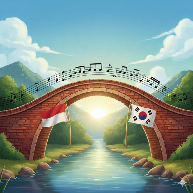 Ilustrasi “jembatan budaya” yang antara lain dilewati kegiatan terjemahan lirik lagu dua negara, Indonesia dan Korea Selatan. (Sumber: Gemini 3 AI)